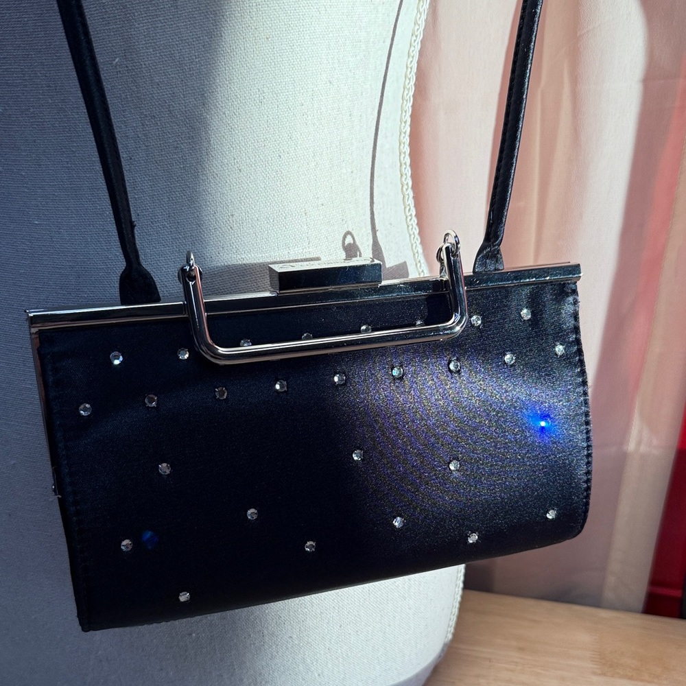 Liz Claiborne Black Satin Clutch-Handle or crossbody with Sparkling Accents
